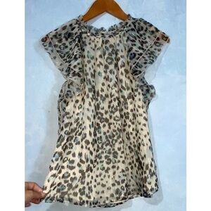 Loft Gray & Blue Metallic High Neck Ruffle Cap Sleeves Chiffon Overlay Top Small